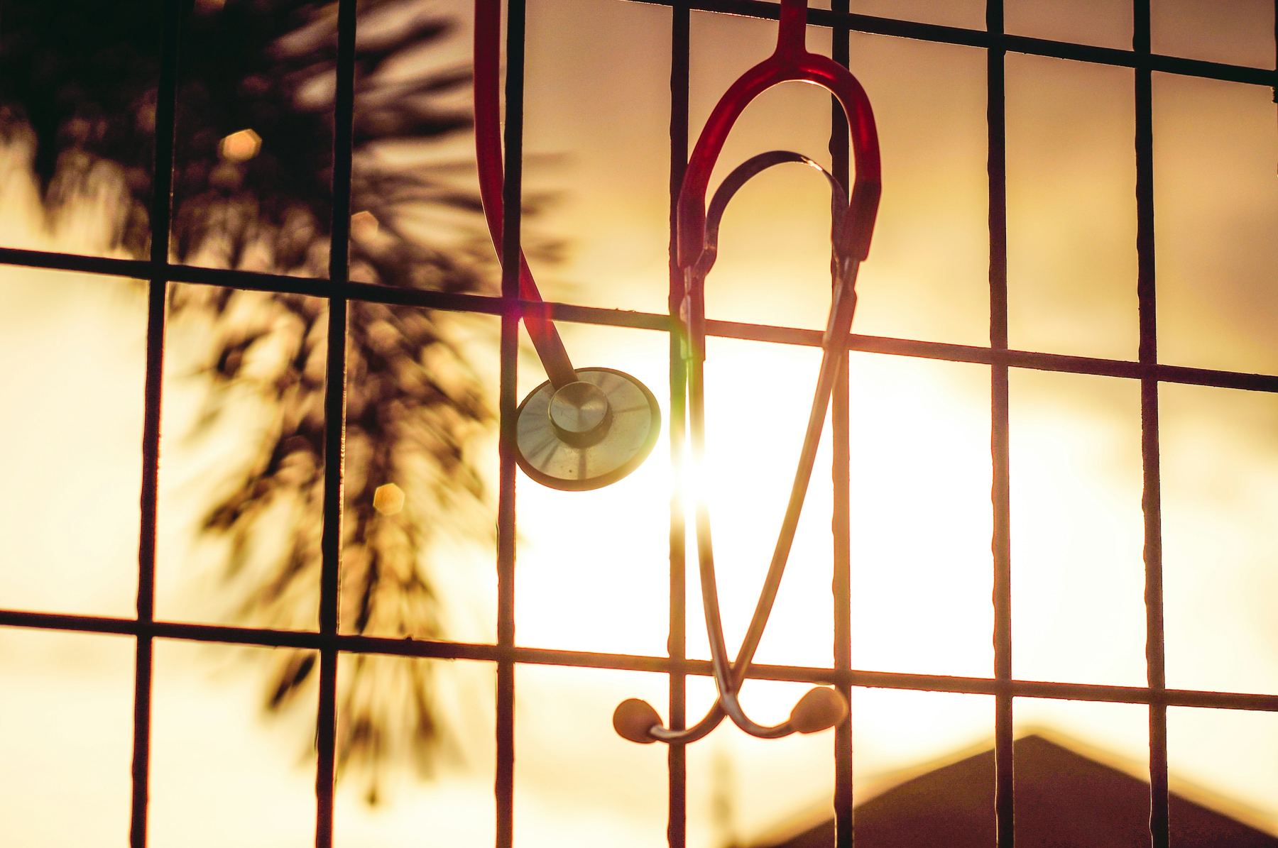 A stethoscope hanging in warm window light