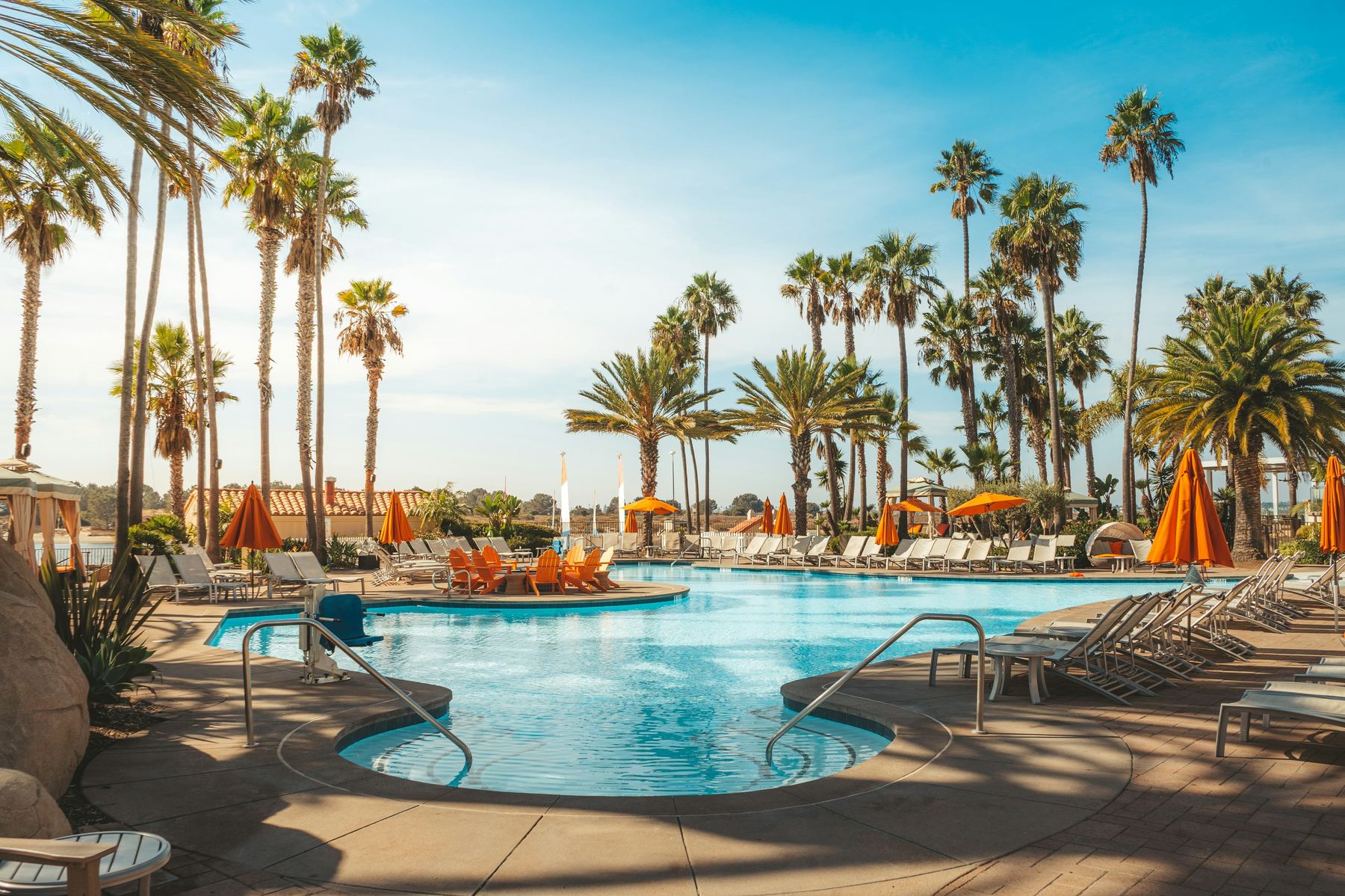 Palms and a pool under a clear coastal sky